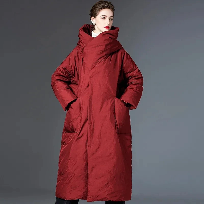 Modemerk Zwart Donsjack Dameskleding 2024 Winter Nieuwe Dikkere Parka \'S Losse Lange Witte Eendendons Capuchon Dames