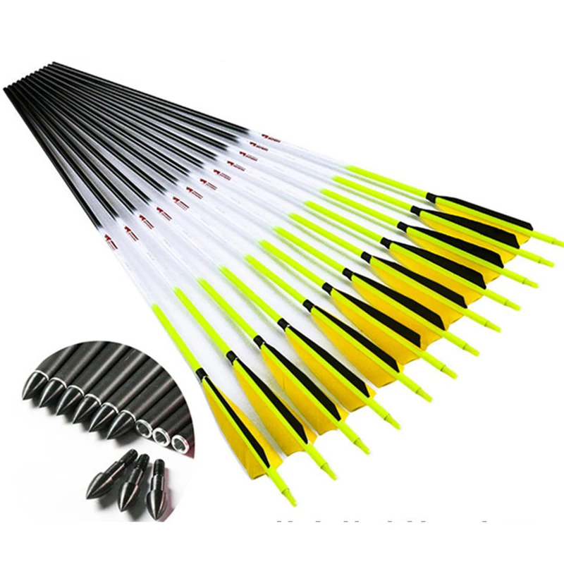 12p Pure Carbon Arrow 32inch ID6.2mm 5inch Turkey Feather yellow luminous Replaceable Arrows Compound Bow Arrows For Shooting