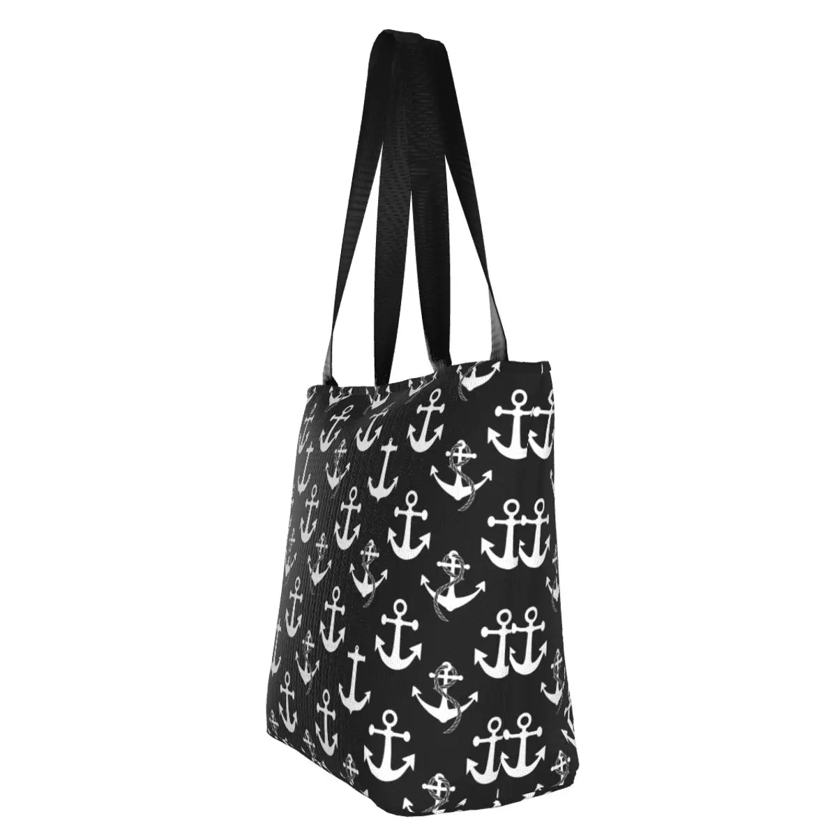 Custom Black And White Nautical Anchor Pattern Shopping Bag Women Shoulder Canvas Tote Bag Portable Grocery Shopper Bags