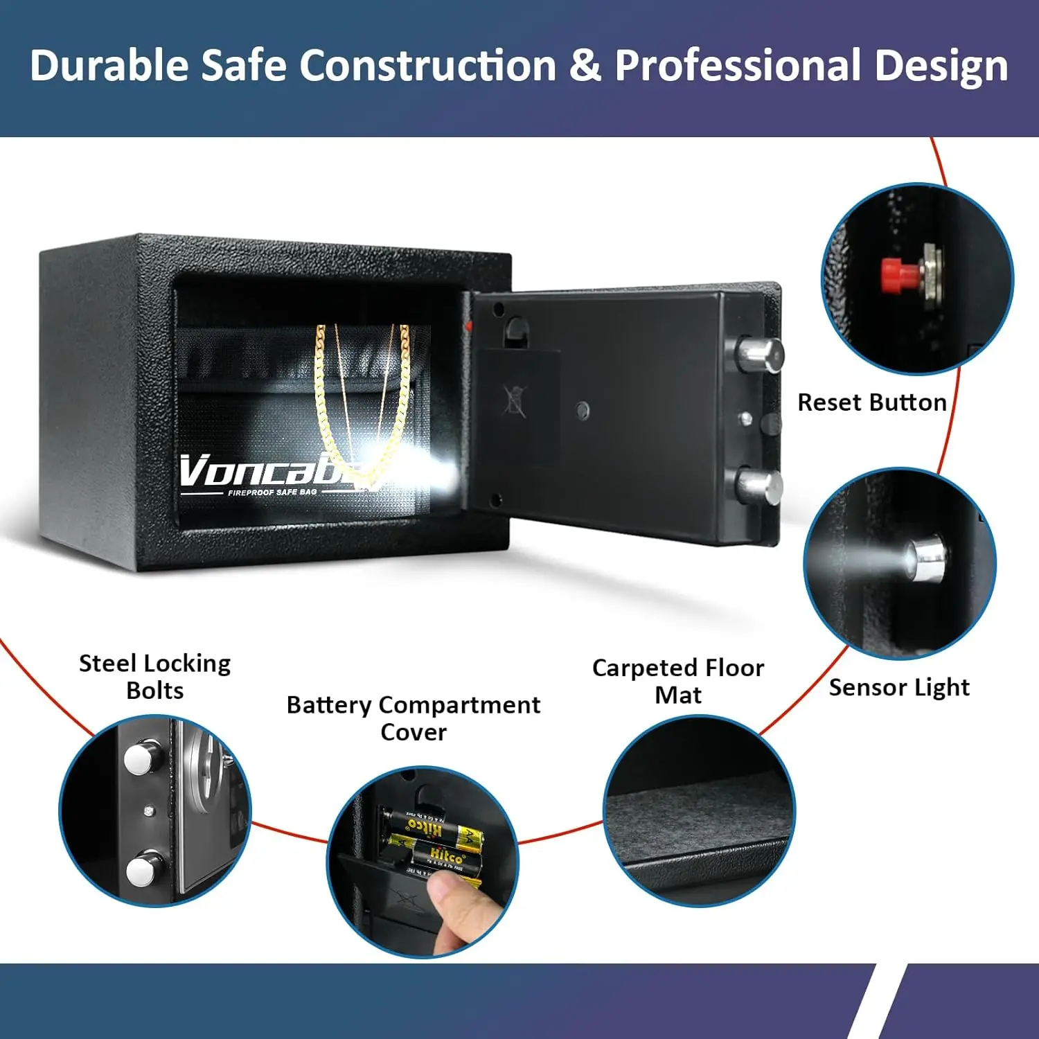 Fireproof Security Safe Box with Digital Keypad, Sensor Light & Emergency Keys - 0.23 Cubic Feet for Home Use