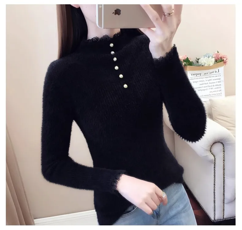 Sueter Feminino dentelle tricoté pull femmes pulls nouveau à manches longues col montant tricot pull haut pour femme tricots Q1800