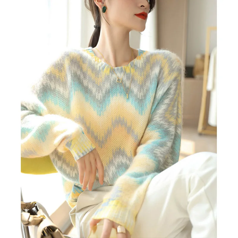 

adient Wave Pattern round Ne Camere Sweater Autumn Winter Casual Loose Long Sve Comfortable Versatile Knitwear