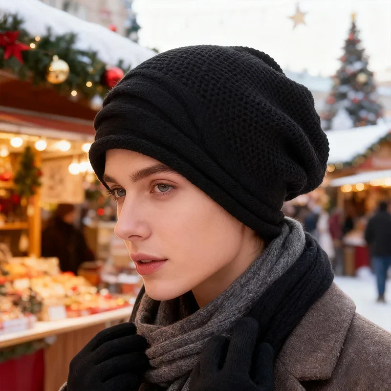 Winter-Übergroße Slouchy-Mütze aus Wolle, gestrickt, warme Mütze für Damen und Herren, gemütlich, elastisch, winddicht, zum Skifahren im Freien – Detail 6