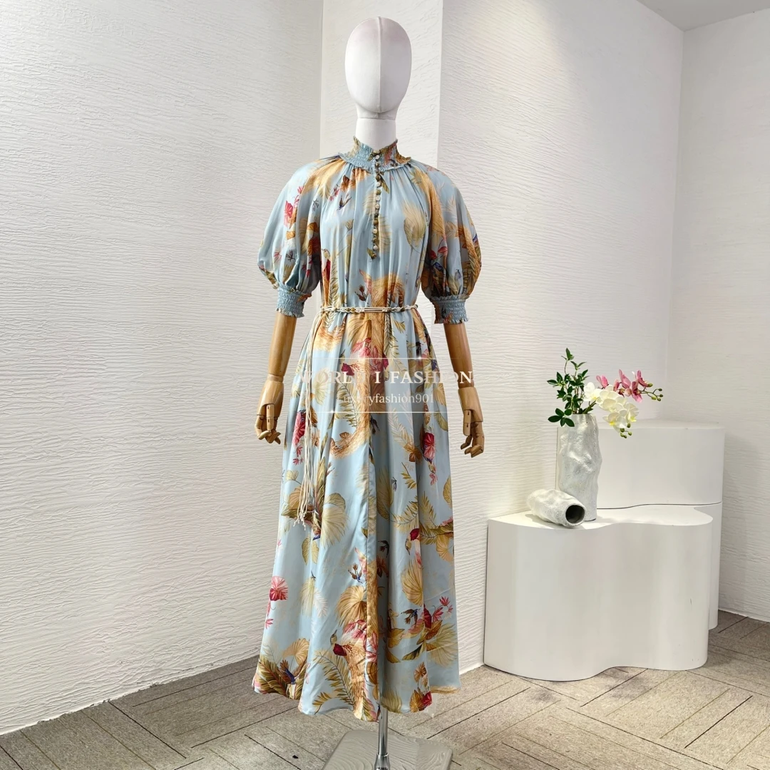 

Floral Print Short Sleeve Vintage 2025 New Summer High Quality Silk Pleats Stand Collar Long Dress for Women