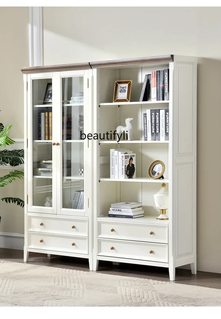 

American white cream wind solid wood living room floor-to-ceiling bookcase with glass door shelf study R