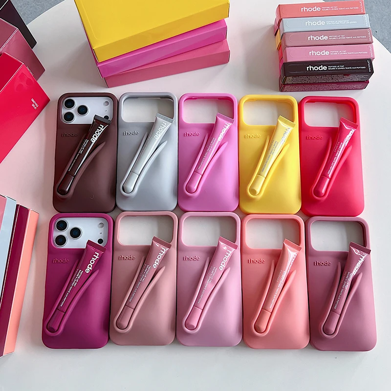 Casing HP 2025 untuk iPhone 17 Air 16 15 14 13 12 11 Pro Max Plus, Tempat Lip Gloss, Bahan Silikon Lembut dengan Kotak dan Lipstik
