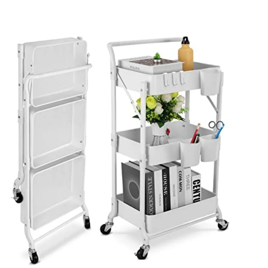 

Foldable 3 Tier Metal Utility Rolling Cart, Folding Mobile Multi-Function Storage Trolley Organizer Cart for Home Library Offic