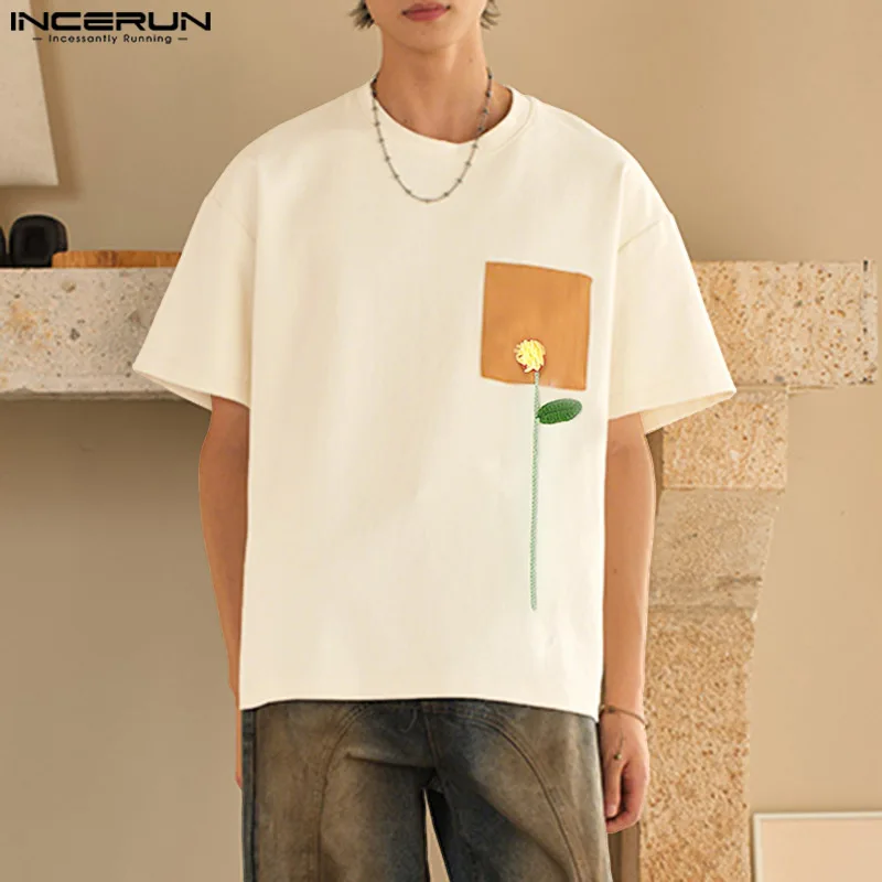 

INCERUN Men T Shirt Summer Patchwork O-neck Short Sleeve Oversize Casual Tee Tops Korean Streetwear 2025 Fashion Men Clothing