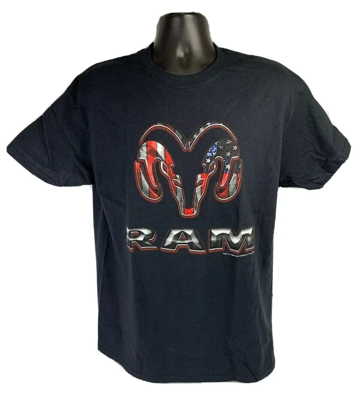 Black T-Shirt w/ Red White & Blue American Flag Dodge Ram Truck Emblem