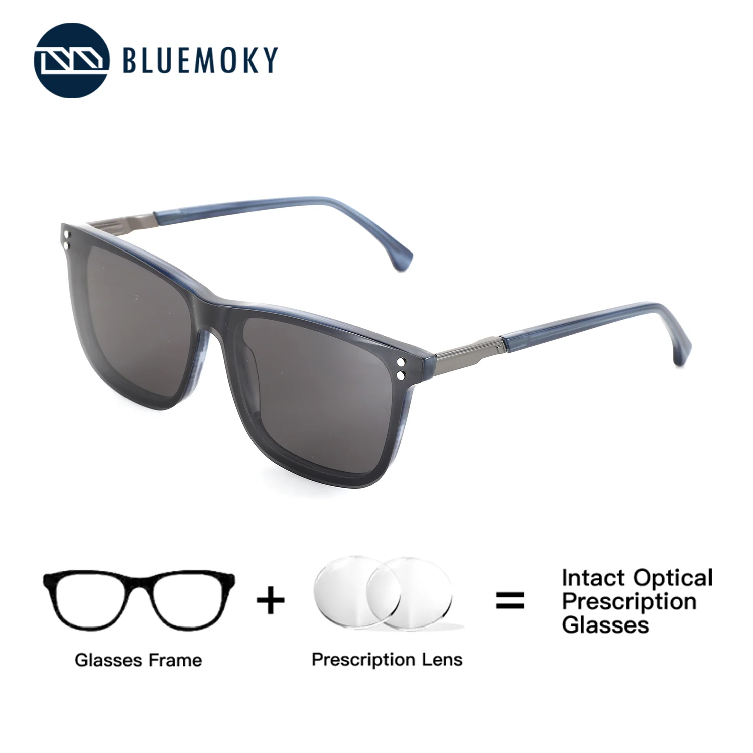 BLUEMOKY Square Acetate Custom Prescription Sunglasses Mens Glasses to Graduate with Clip Polarized UV400 Optical Eyewear