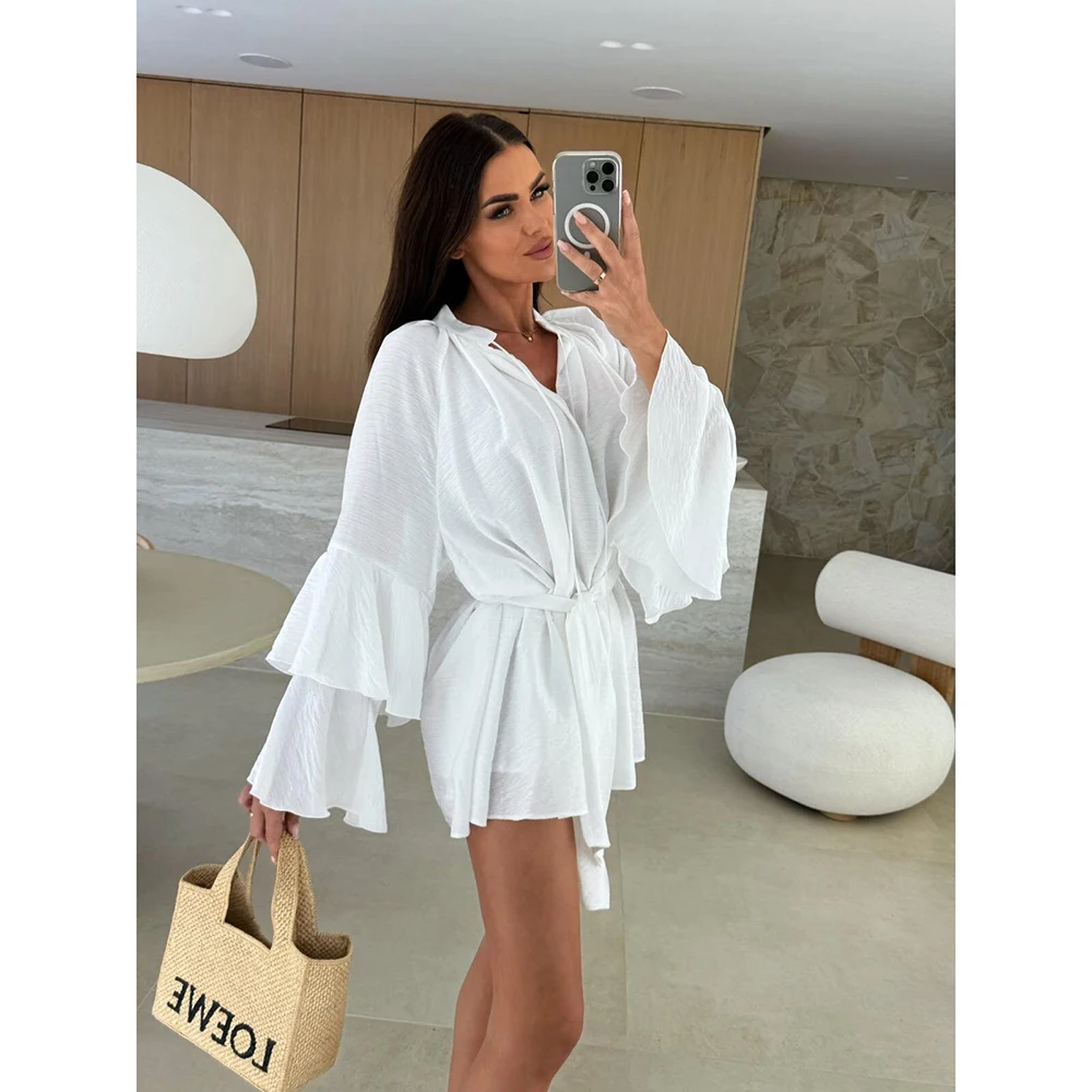 المرأة بلون فستان كتان الدانتيل متابعة الخامس الرقبة فضفاضة عطلة الخريف كشكش جرس طويلة الأكمام خمر فساتين صغيرة مثير عادية #5