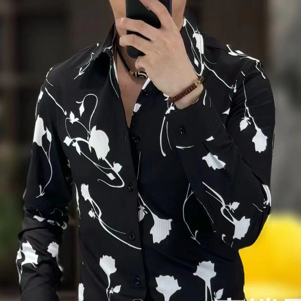 

Luxury Black White Flower Shirt For Men Long Sleeve High Quality Business Dress Shirts Social Party Tuxedo Casual Men Clothing