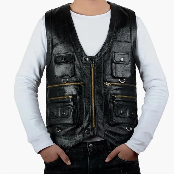 Cowhide Genuine Leather Vest Waistcoat Male clothing Jacket Thick Motorcycle Multi Pocket leather biker Men safety vest JJ134 view 5