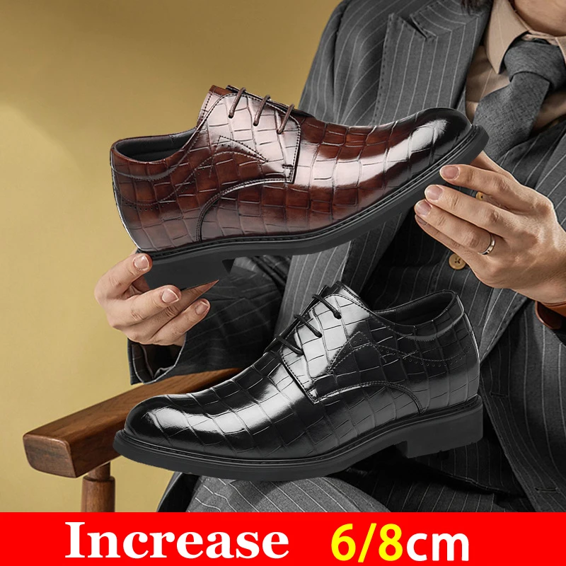 Genuine Leather Men\'s Dress Shoes Hidden Heels Elevator Shoes 8CM 6CM Height Increased Shoes For Men Fashion Brown For Wedding