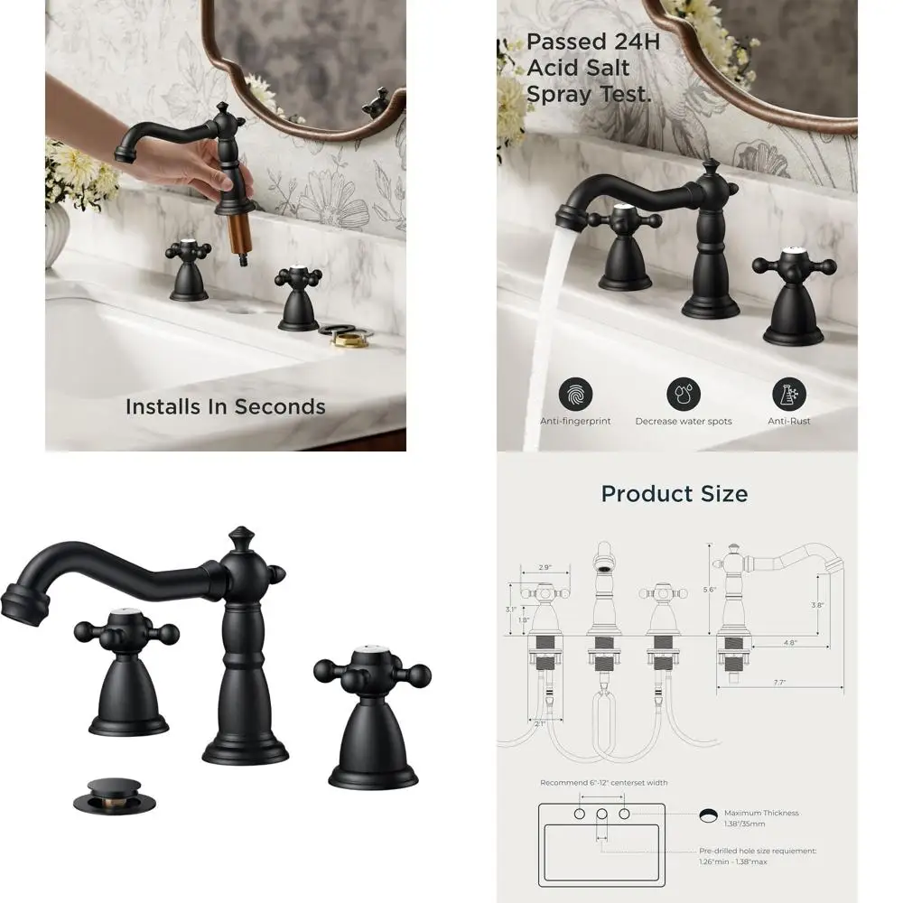 

Vintage 8 Widespread Matte Black Brass Bathroom Faucet with 2 Cross Handles, Metal Pop-Up Drain & Hoses for RV Vanity