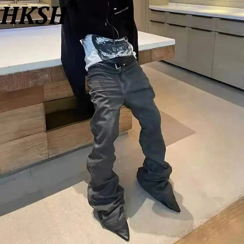 HKSH Spring Autumn New Men Tide Chic Ins Washed Smoky Gray Distressed Denim Pants Slightly Flared Jeans Stacky RO Style HK26221