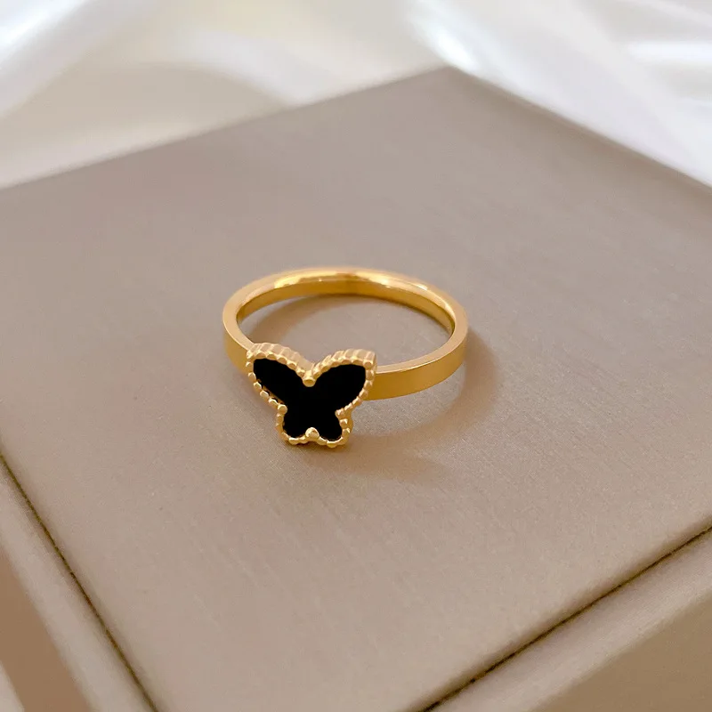 Lucky99 anillos de mariposa negros de acero inoxidable para mujer, anillo de dedo de Color dorado Simple que no destiñe, regalo de joyas de fiesta para mujer