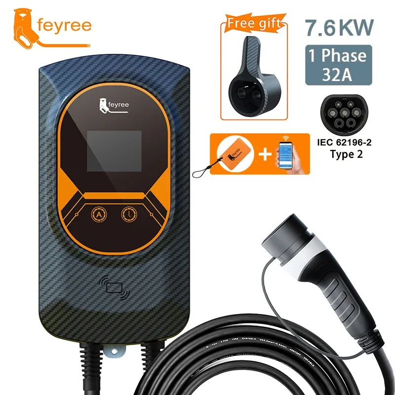 EVSE Wallbox Type2 Cable 32A 7.6KW EV Car Charger 11KW 22KW 3 Phase Charging Station APP RFID Cards Control for Electric Vehicle