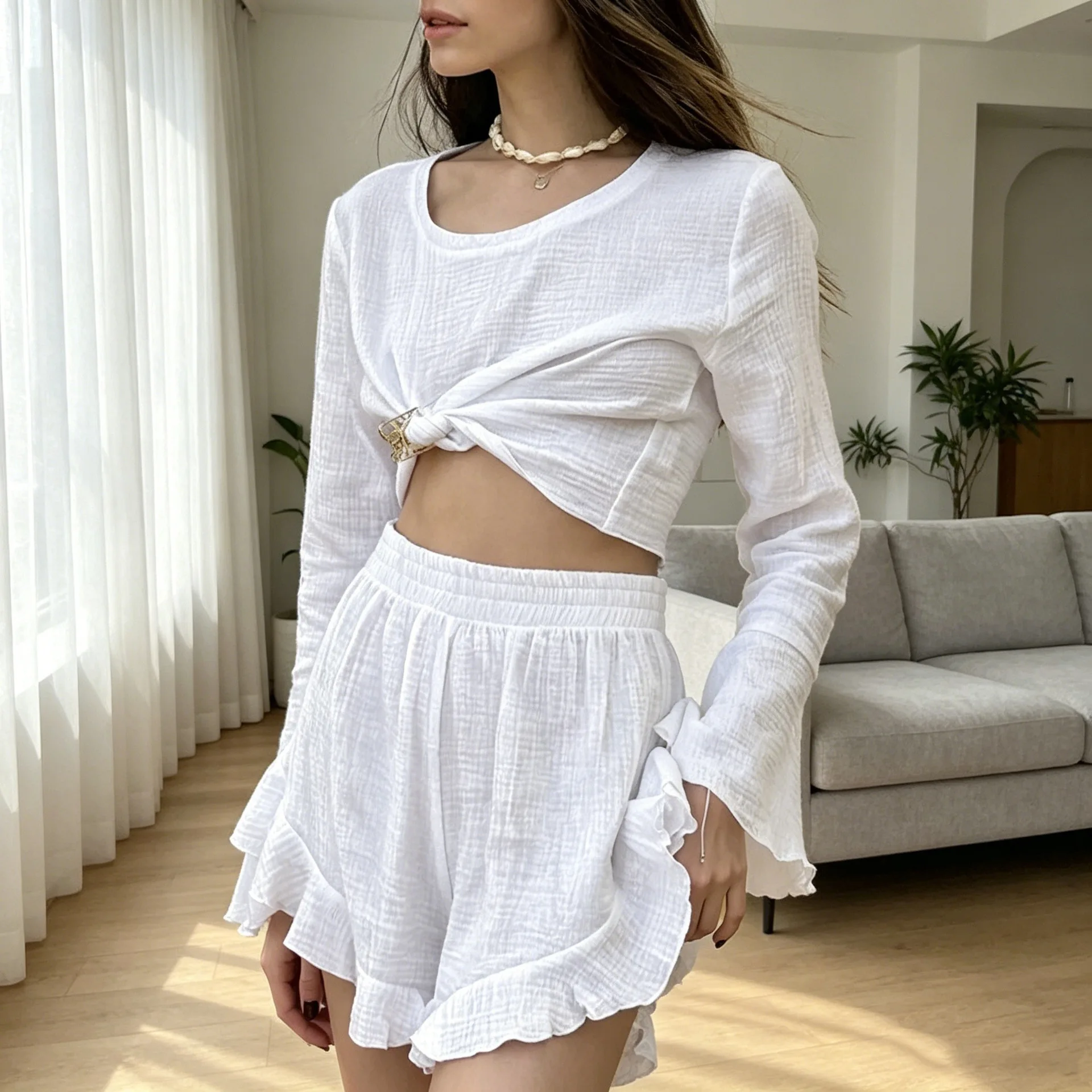 

New Casual Women's Lace Short Long-sleeved Shorts Home Pajamas Loose Two-piece Suit Women