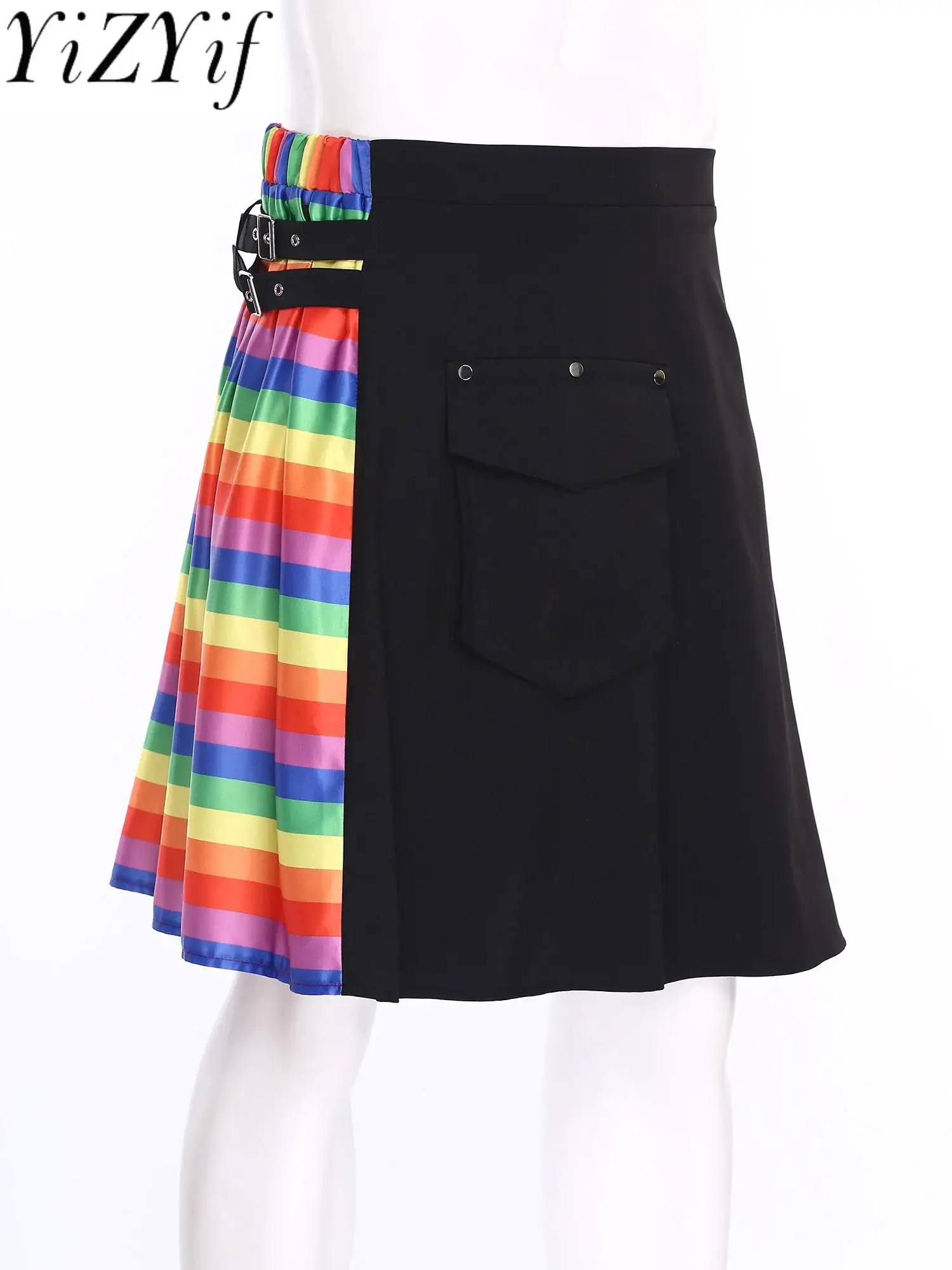 

Men Fashion Rainbow Stripe Skirts A Flap Pocket Scottish Tartan Kilt Skirt for Traditional Festivals Halloween Dance Cosplay