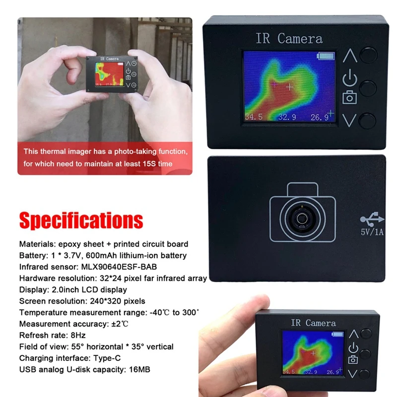 32 X 24 Pixel Infrared Sensors Thermal Imager 1.8Inch TFT 160X128 Resolution Clear Definition Imaging Camera -40 To 300℃