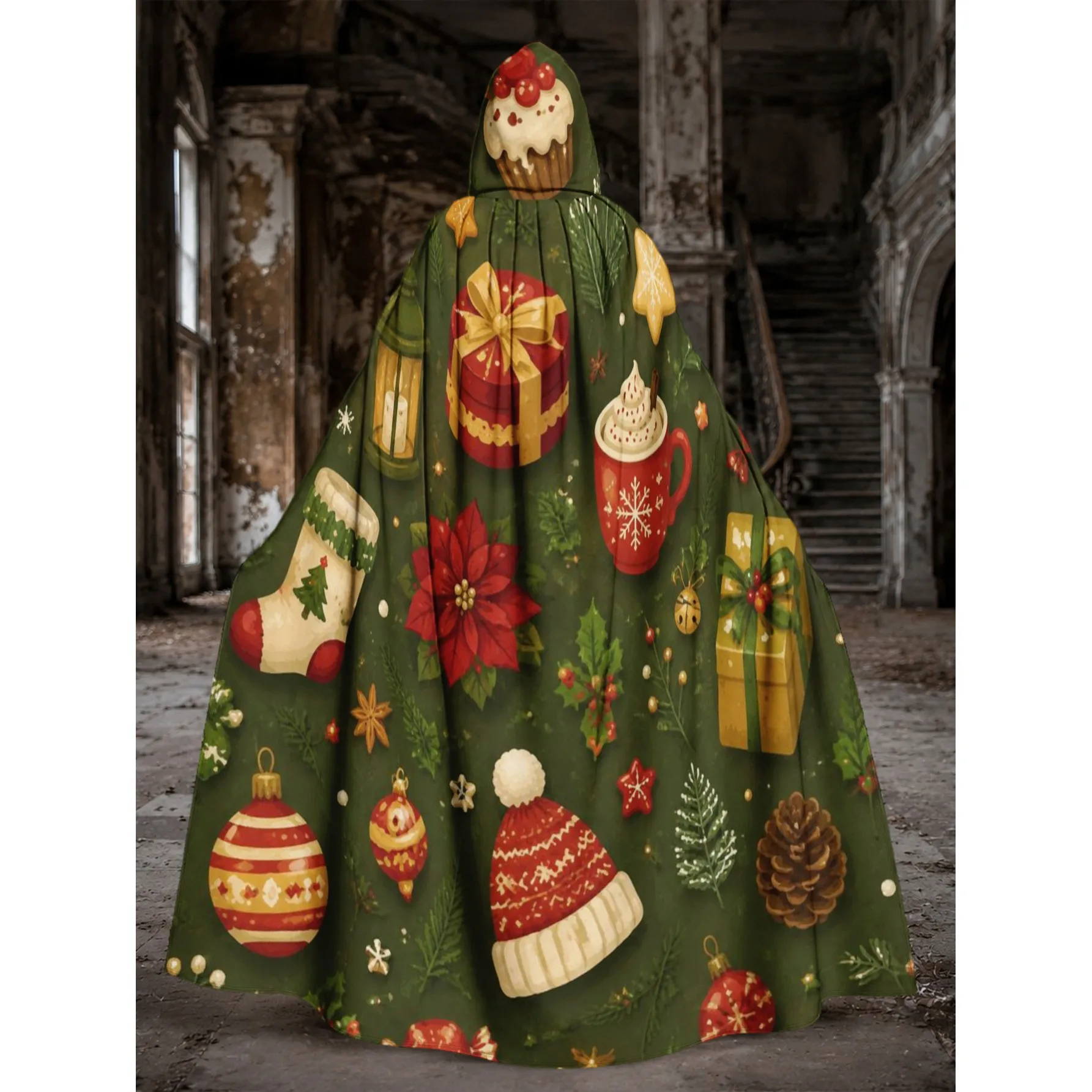 Christmas Graphic Print Hooded Cloak Unisex Wizard Robe for Holiday Parties Stage Performances