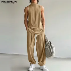 INCERUN-calças masculinas sem mangas de gola alta e cordão, ternos casuais, streetwear monocromático, conjuntos de moda, 2 peças, 2024