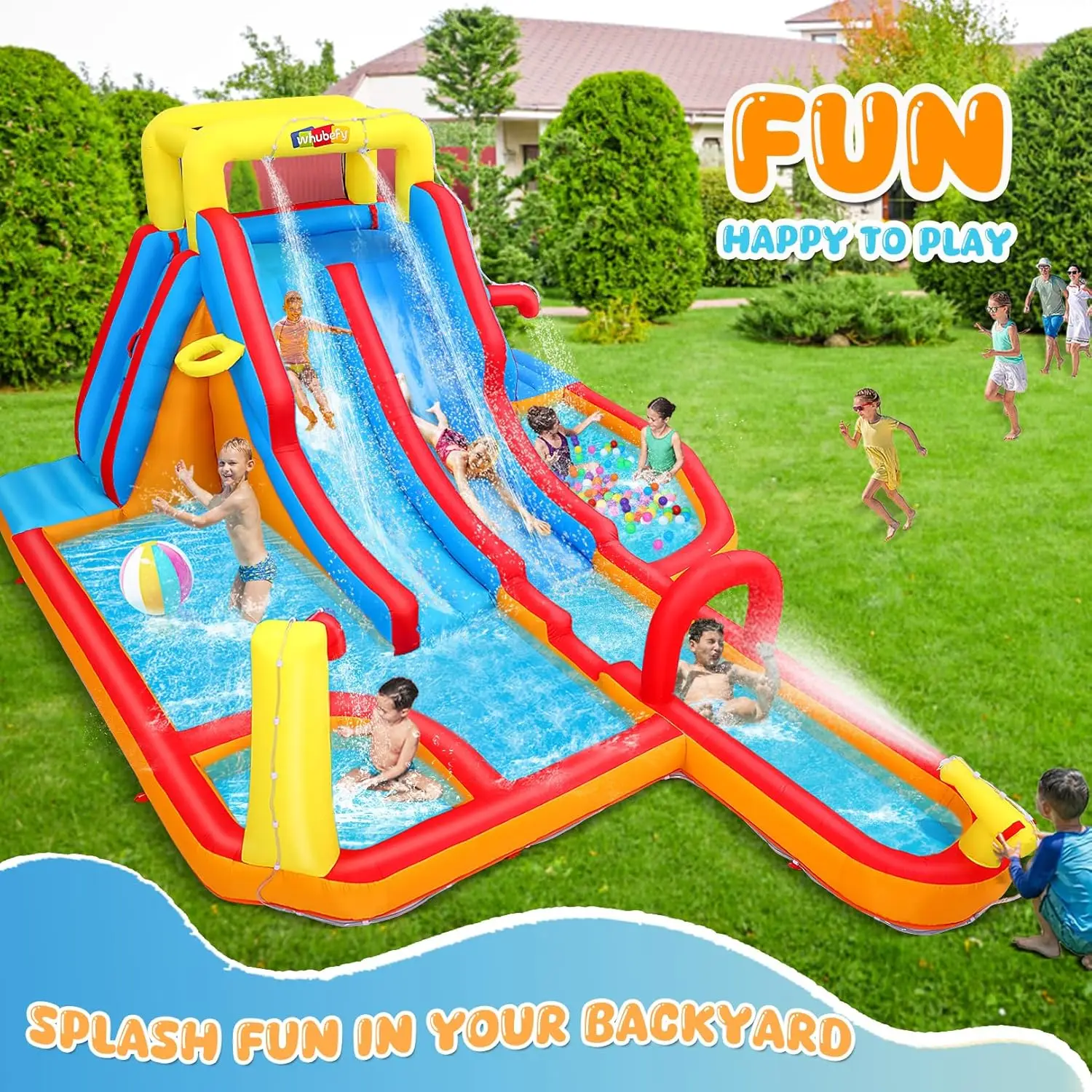 19.3-Foot Inflatable Dual Lane Water Slide Park with Extended Surfing Slide for Kids - Backyard Bounce House & Splash Zone Featuring 3 Pools, 2 Climbing Walls, 15 Accessories, Supports Up to 8 Children (Blower Not Included)