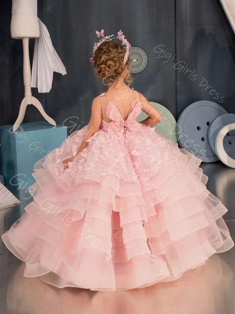 Roze bloemenmeisje jurk voor peuters 3D vlindervleugel gegolfde tule prinses optocht jurk aangepaste bruiloft baljurk