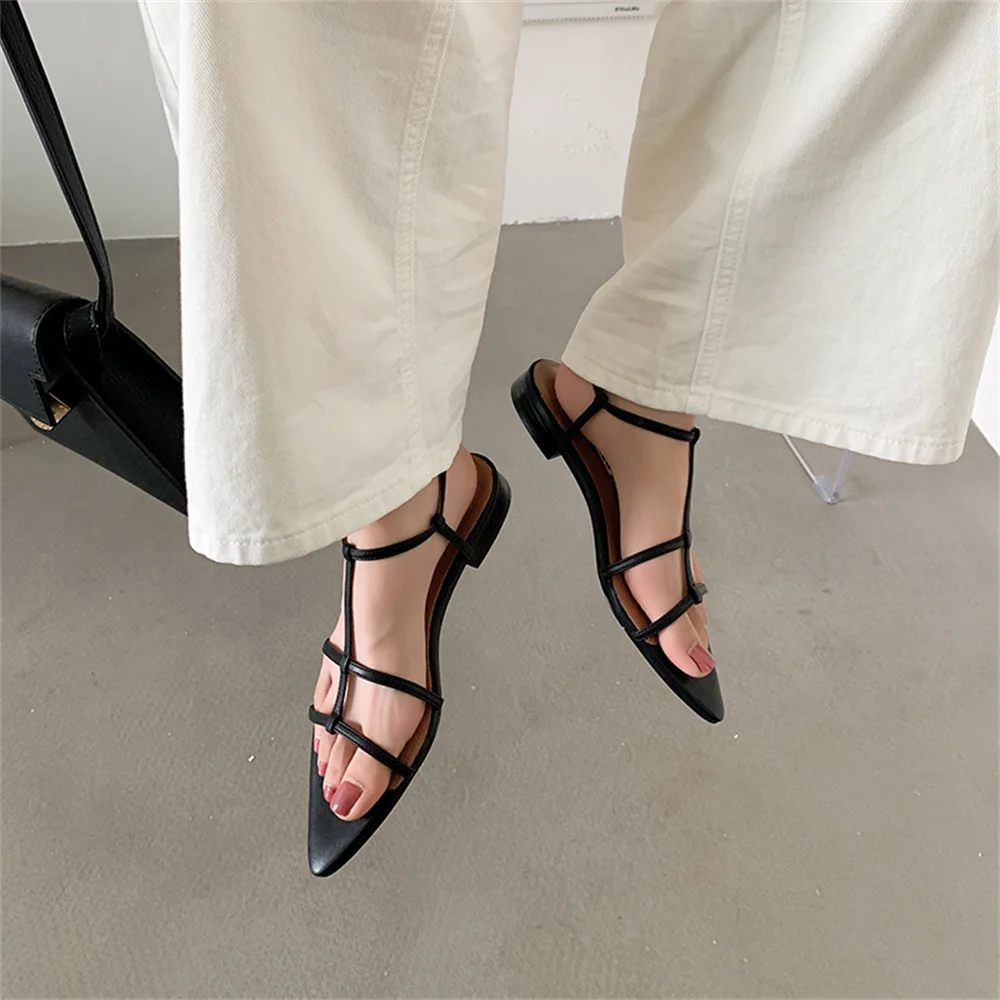 FEDONAS Fashion New Women Low Heels Sandals Genuine Leather Pointed Toe Buckles Rome Style Summer Shoes Woman Sandals