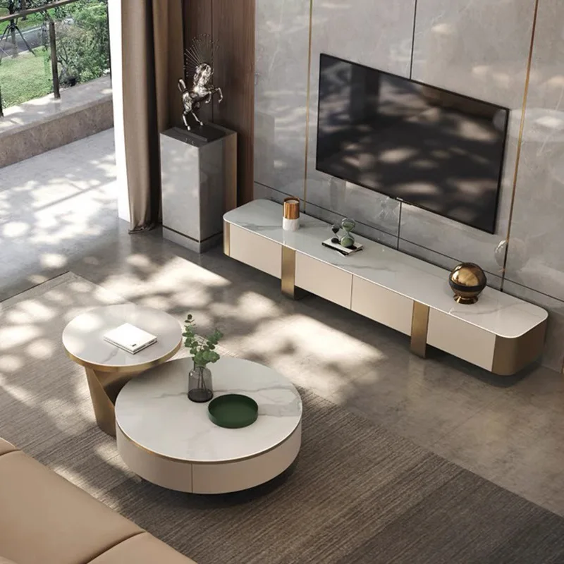 slab coffee table TV cabinet combination modern small apartment wrought iron child and mother round coffee table simple