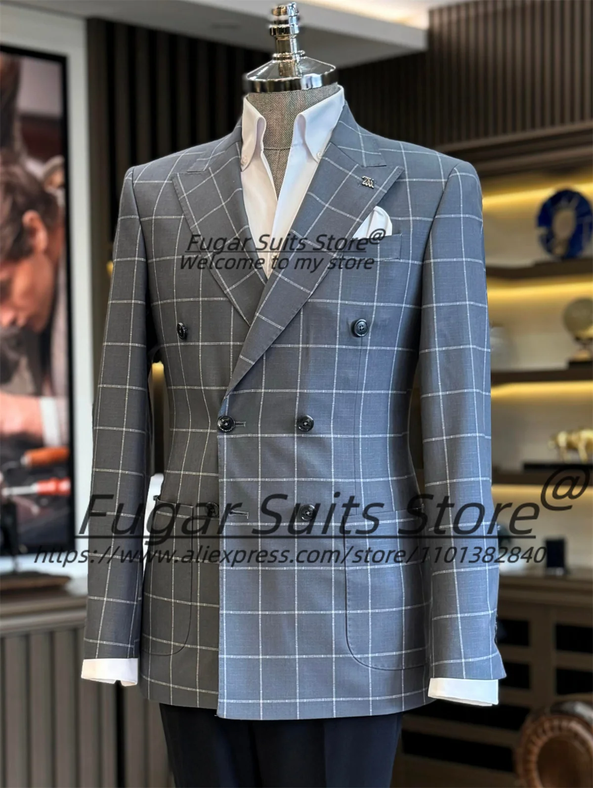 Estilo britânico preto xadrez ternos masculinos fino ajuste pico lapela noivo festa smoking 2 peças define negócios masculino blazers traje homme