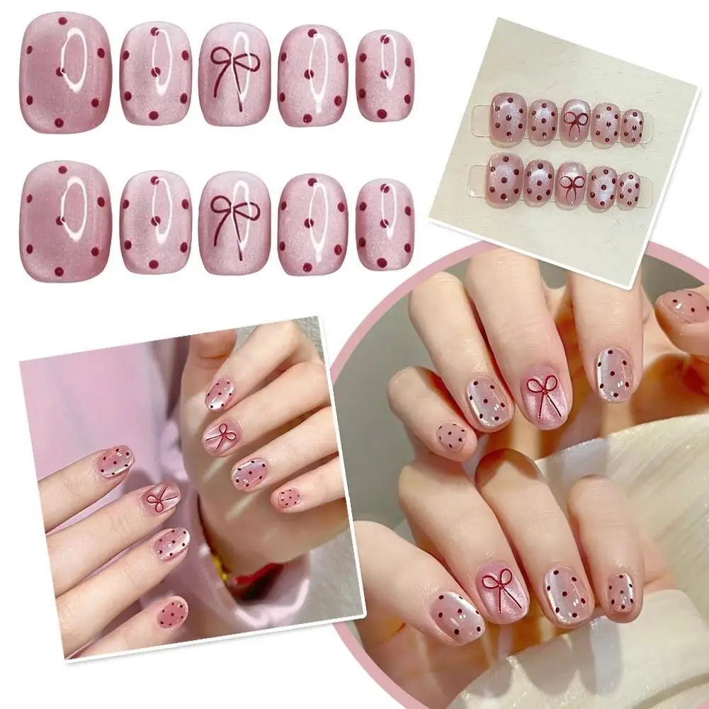 

Набор коротких накладных ногтей «Кошачий глаз» с бантиками, ручная работа, глянцевое покрытие, полное покрытие, с точечным рисунком, съемные накладные ногти для женщин