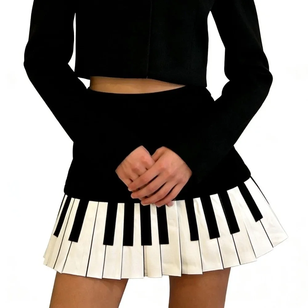 Chic Black White Splicing Piano Skirt Preppy Style Korean Style Keyboard Pleated Skirt JK Dress Slim Short Skirt Student