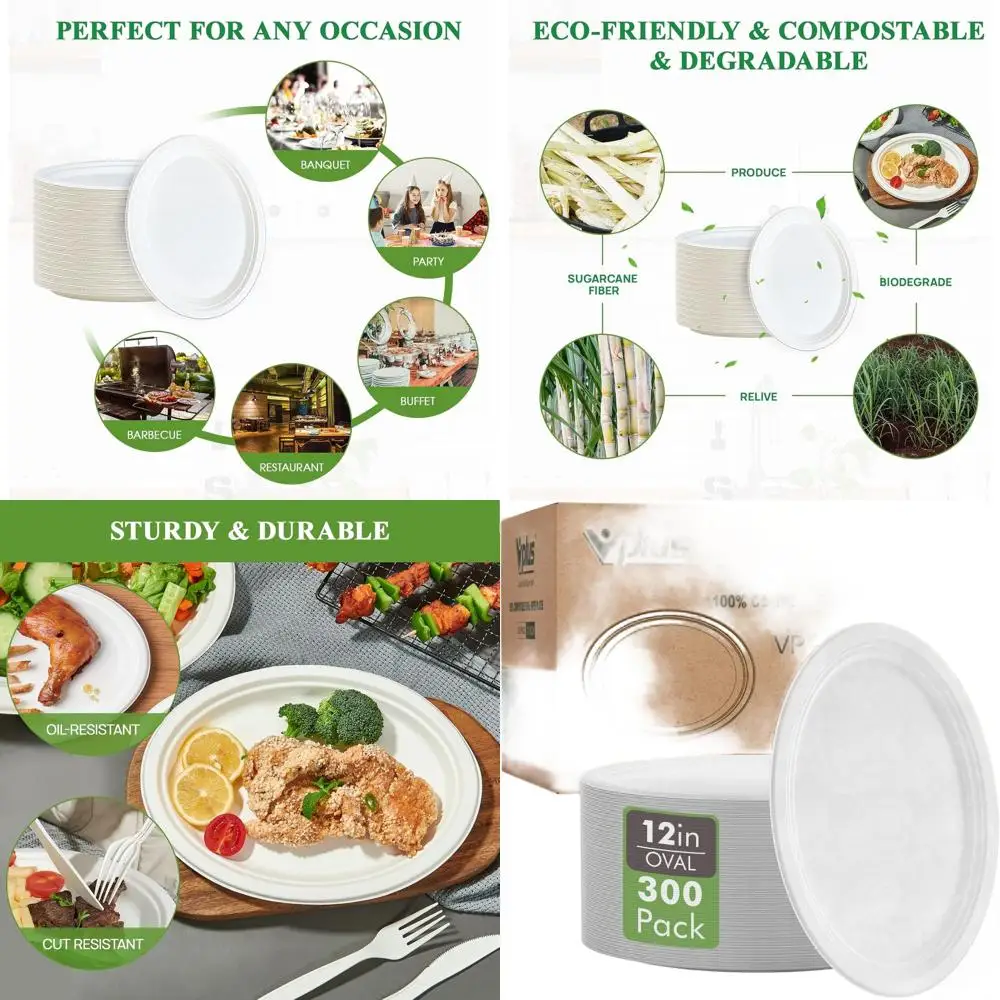 

100% Biodegradable 12 Oval Paper Plates, 300 Pack, Eco-Friendly for Outdoor Events and Gatherings
