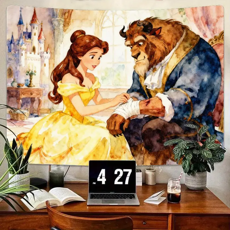 

1 шт., гобелен «Красавица и чудовище», Белль, зверь, акварель, настенное искусство, полиэстер, сказочный декор принцессы, подарок для гостиной, спальни