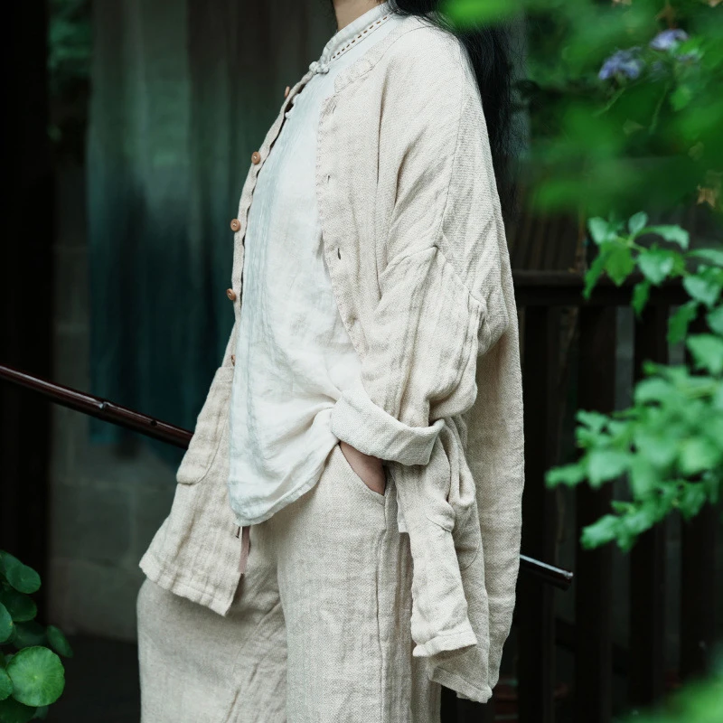 100% Linen Women Shirt Jacket New Arrival 2026 Autumn Chinese Style Mandarin Collar Loose Mid-length Textured Casual Coats M3045