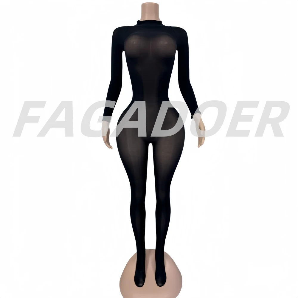 FAGADOER été nouveau Sexy maille voir à travers moulante combinaison femme à manches longues col rond barboteuses femme fête Club salopette