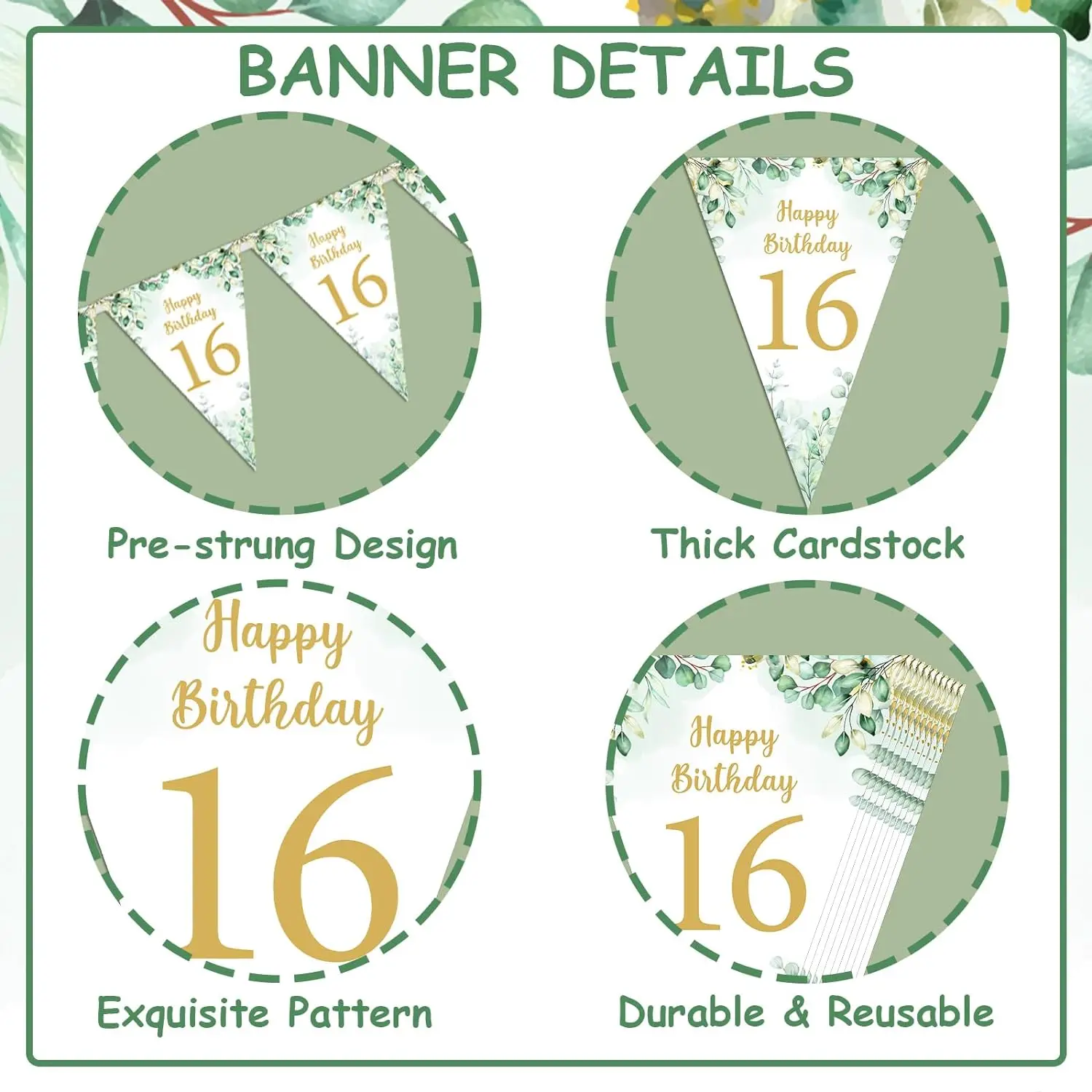 3Pack 16th Happy Birthday Bunting Banner, Triangle Flag Banner, Sweet 16 Birthday Pennant Banner for Outdoor Indoor Home Garden