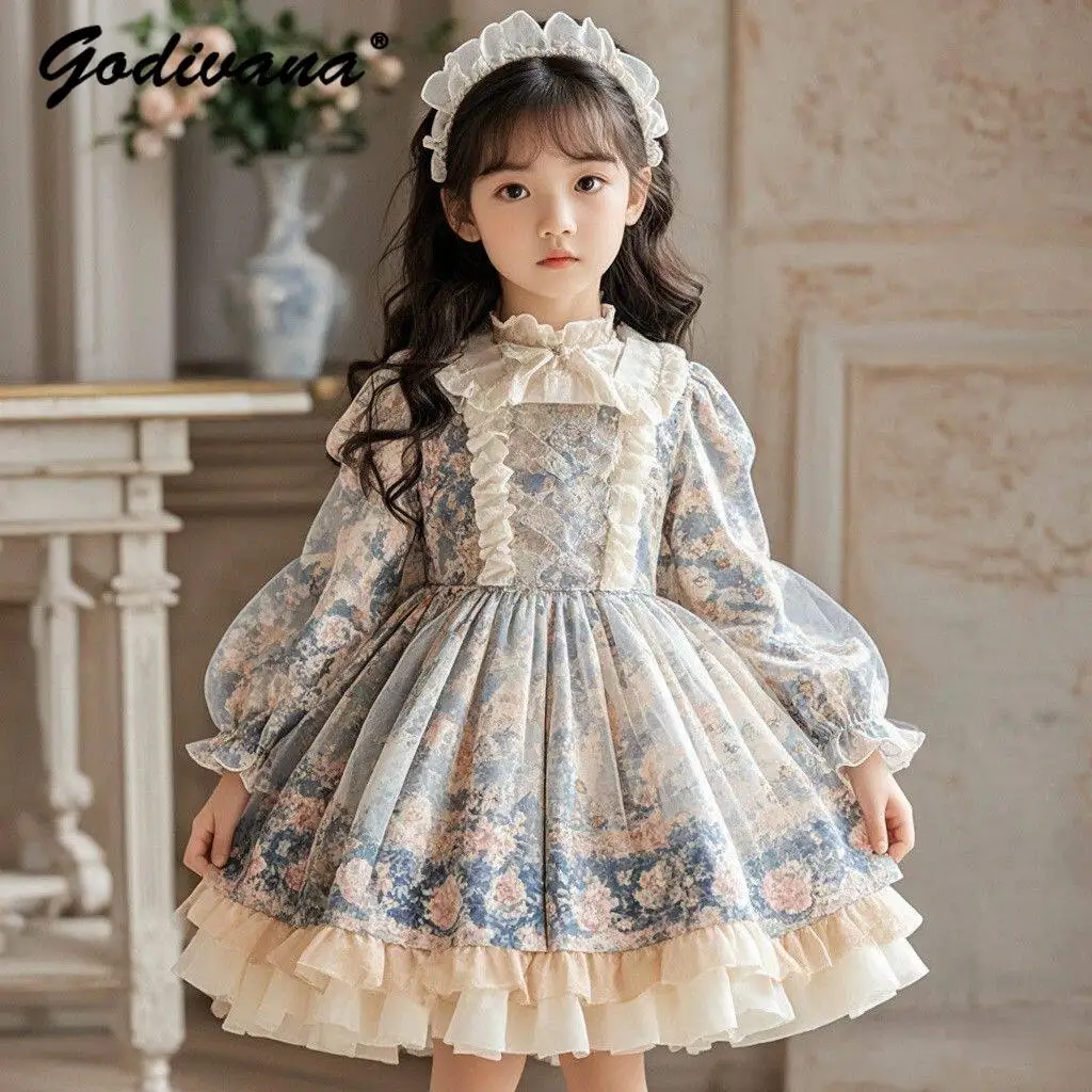 

Sweet Baby Girls New Spring and Autumn Princess Lolita Dress Kids Floral Print Puff Long Sleeve Lace Trim Birthday Party Gown