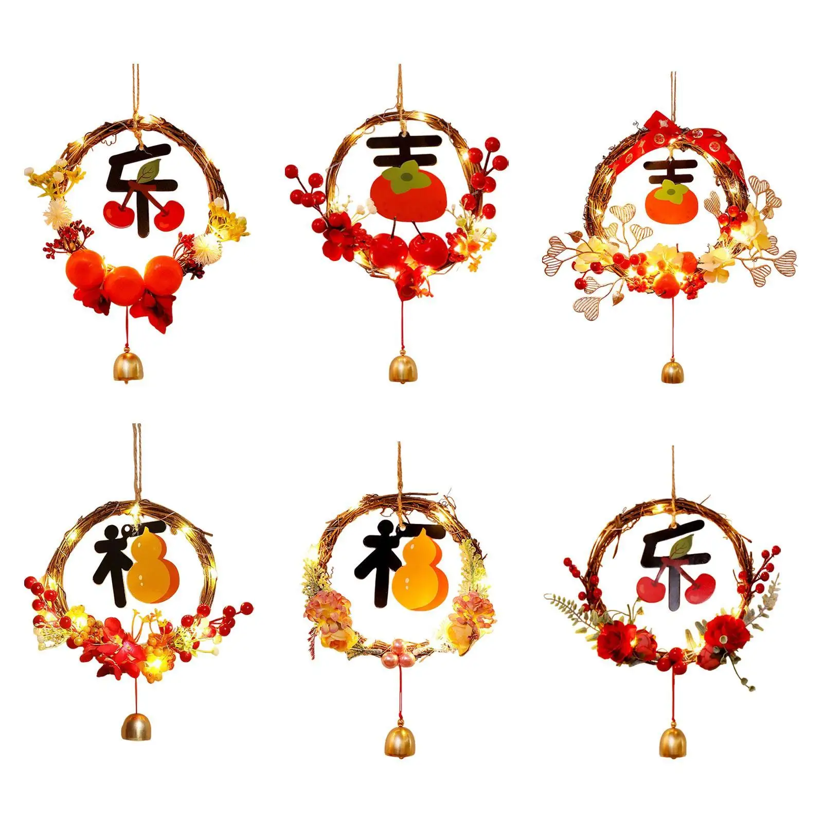 Lighted Chinese New Year Wreath Hanging Pendant for Home Wall Indoor Outdoor