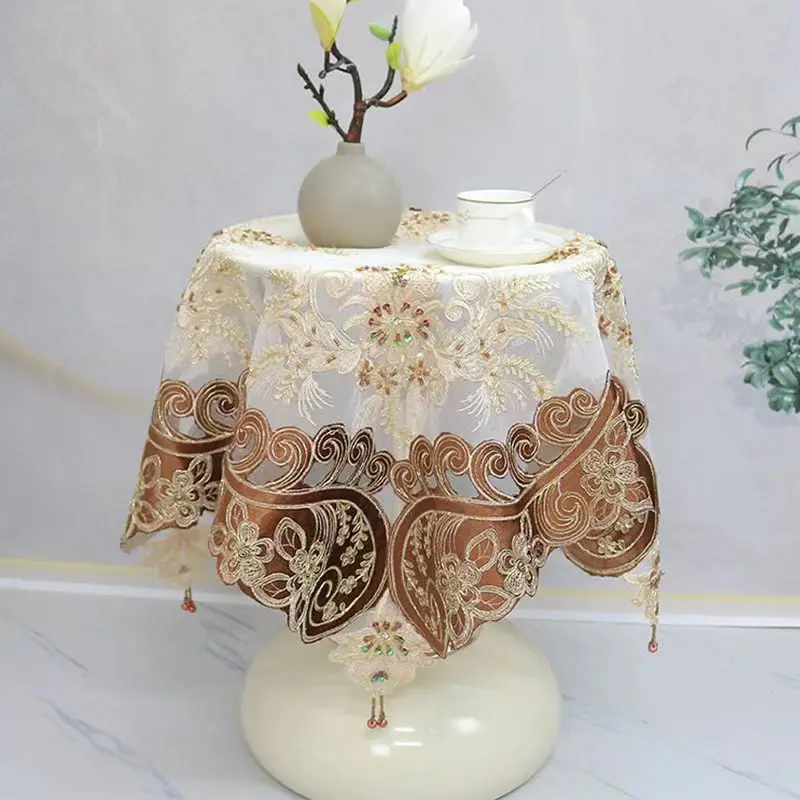 

HOT mesh brown bead flower Embroidery table cloth cover wedding tablecloth kitchen Christmas Table decoration and accessories