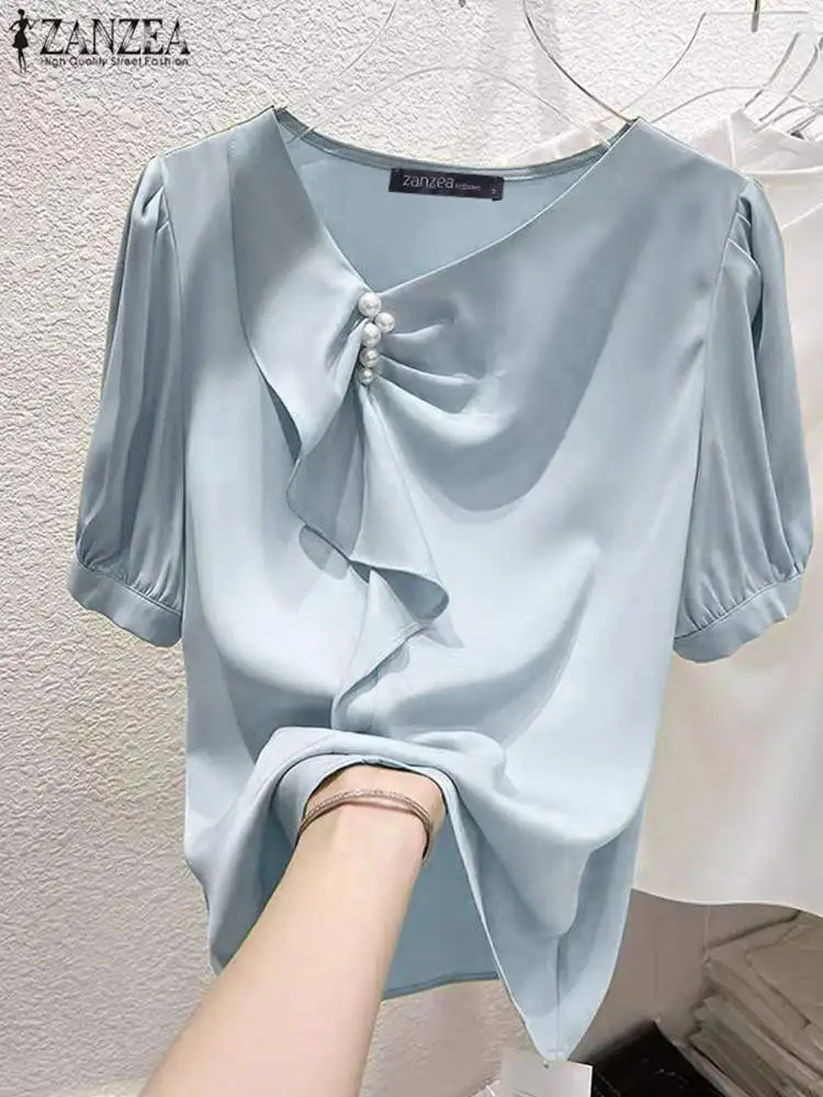 ZANZEA Women Ruffled Stitching Shirts Vintage Office Pearl Blouse Fashion Summer Lantern Sleeve Tops 2024 Holiday Pleating Tops