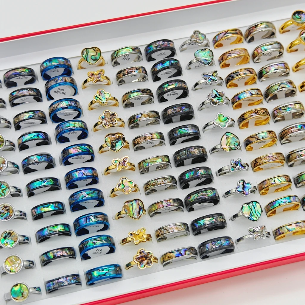 Anillo de acero inoxidable con forma geométrica para mujer, sortija de abulón de concha de diferentes diseños, 25/50 piezas