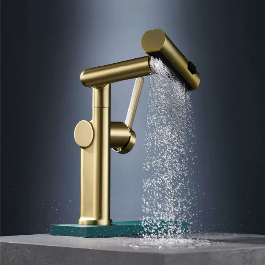 Brushed Gold Pull Out Bathroom Faucet Waterfall Basin Faucet Hot Cold Water Mixer Crane White Deck Mounted Universal Water Taps
