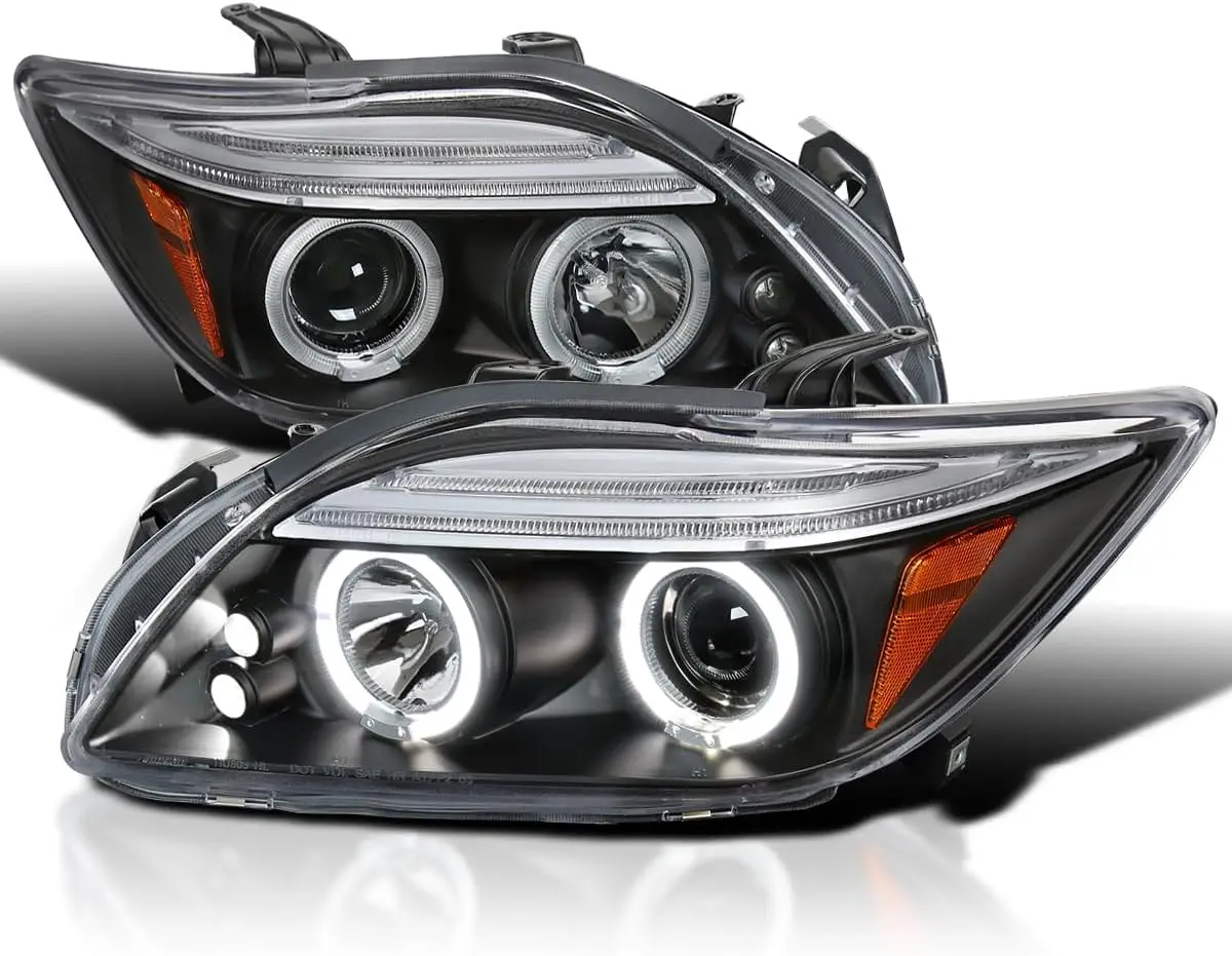 

LED Halo Projector Headlights Black Compatible with 2005-2010 Scion tC, Left + Right Pair Headlamps Assembly
