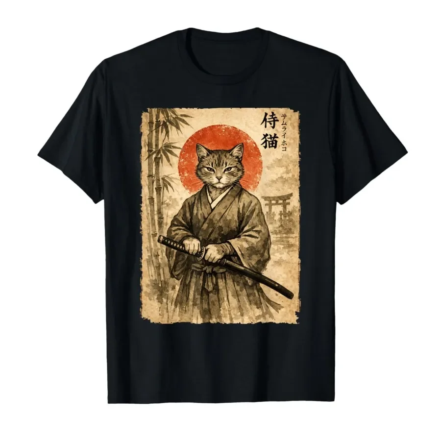 

Samurai Cat Vintage AnimeT-shirt For Men Women 100% Cotton T Shirts Short Sleeve Tops 0406-3