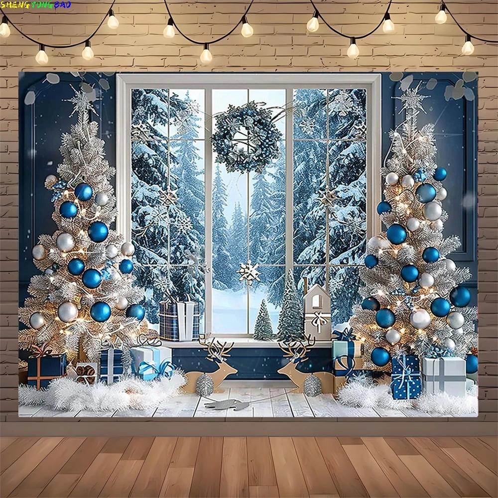 

Christmas Tree With Gift Boxes Photography Backdrops Winter Snow Decorations Wooden Door Fireplace Room Background Props WR-09