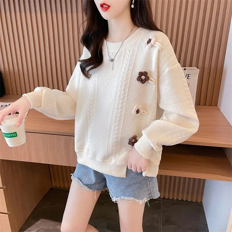 Women\'s Clothing Sweet Solid Color Pullover Flower Lantern Long Sleeve Round Neck Paisley Casual Fashion Spring Autumn Tops