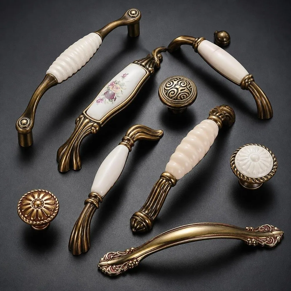 Zinc Alloy Ceramic Cabinet Pulls Antique Gold European Style Vintage Drawer Handles Sturdy Retro Antique Dresser Knobs Furniture